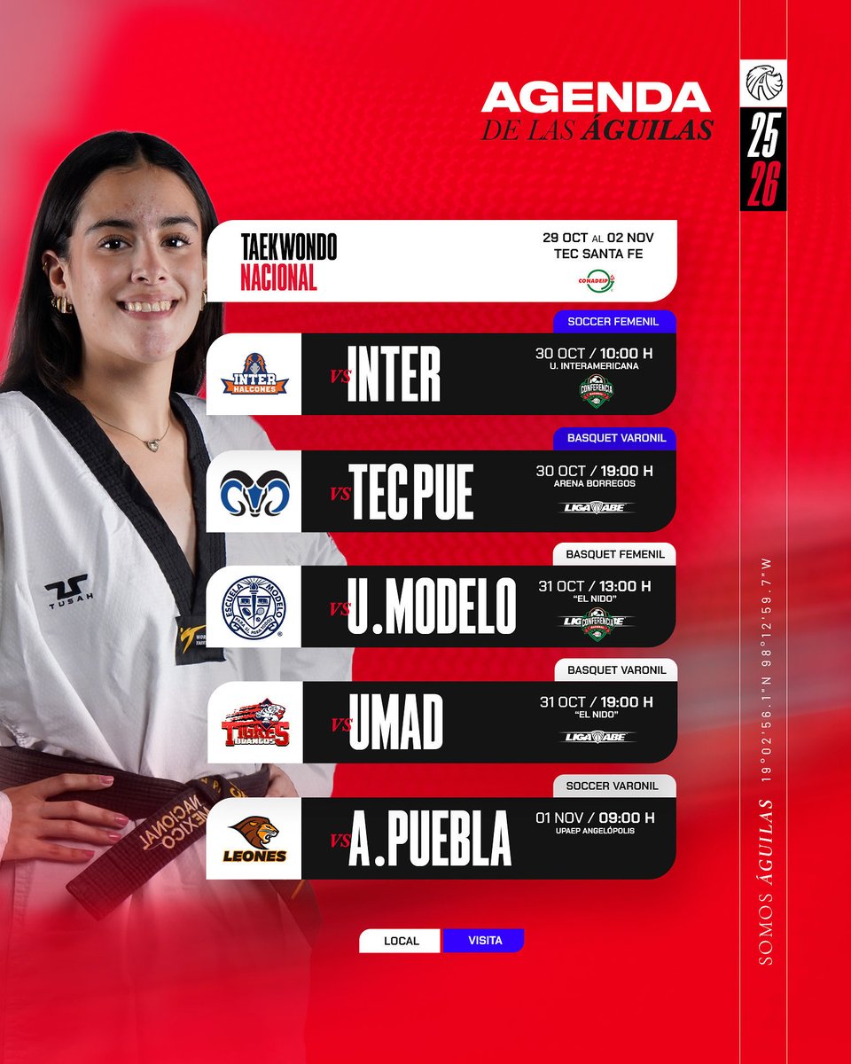 Agenda de la semana para las Águilas 🦅 ¡Vamos por todo, UPAEP! 🟥👊🏻

#SomosÁguilas