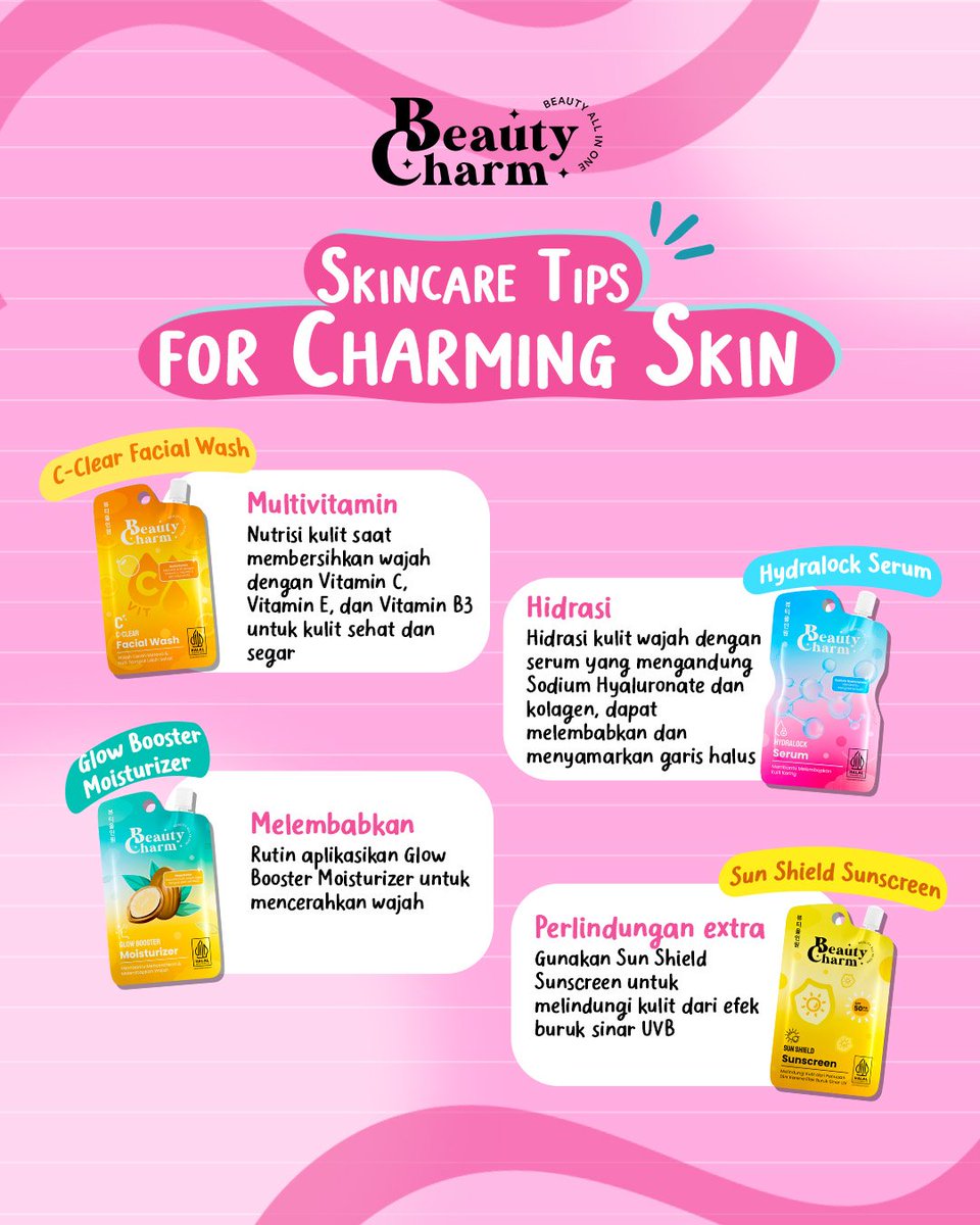 Skincare Tips for Charming Skin 🌸

😶‍🌫️ Beauty Charm C-Clear Facial Wash
🪄 Beauty Charm Hydralock Serum
✅️ Beauty Charm Glow Booster Moisturizer
🌼 Beauty Charm Sun Shield Sunscreen 

#BeautyCharm #BeautyAllinOne #CharmingBuatSemua #TipsSkincare