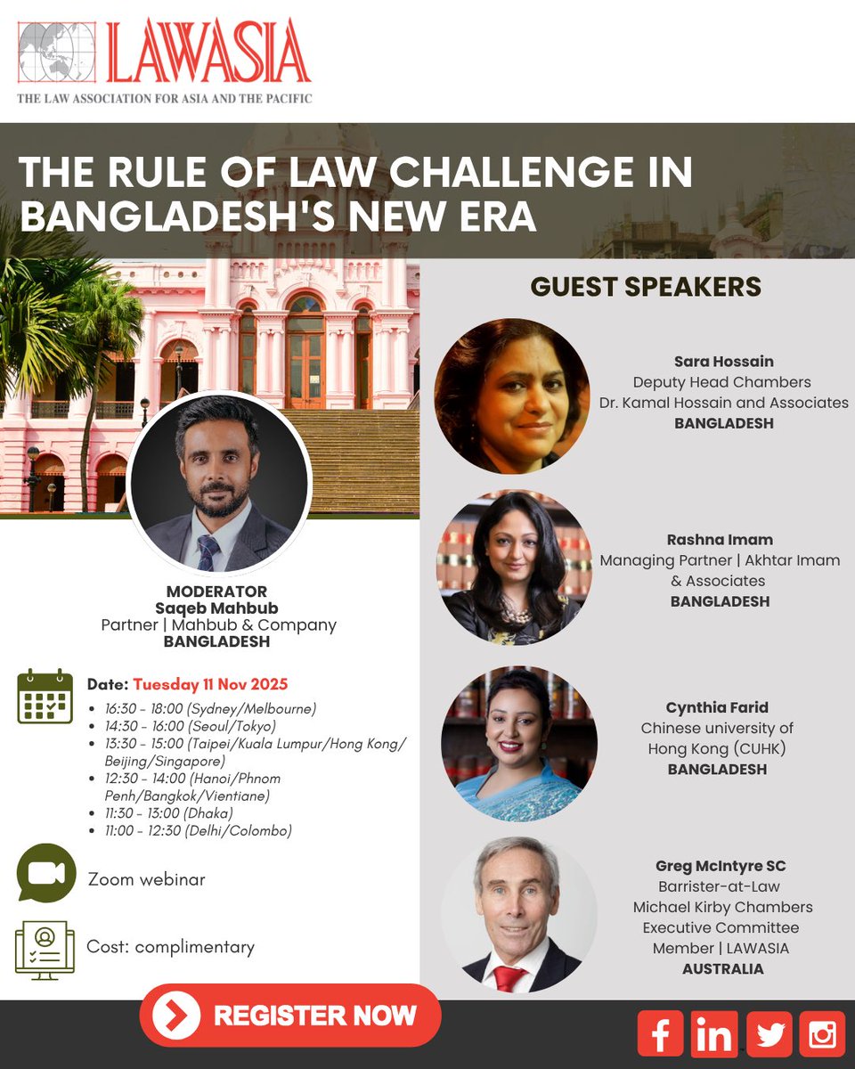 💻 LAWASIA Webinar | The Rule of Law Challenge in Bangladesh’s New Era
📅 11 Nov 2025 | Via Zoom
What’s next for the rule of law in 🇧🇩 Bangladesh?
⚖️ Expert insights
🏛️ Reform analysis
💬 Live Q&amp;A
🔗 Register now: tinyurl.com/2wyb3366
#LAWASIA #Webinar #RuleOfLaw #Bangladesh