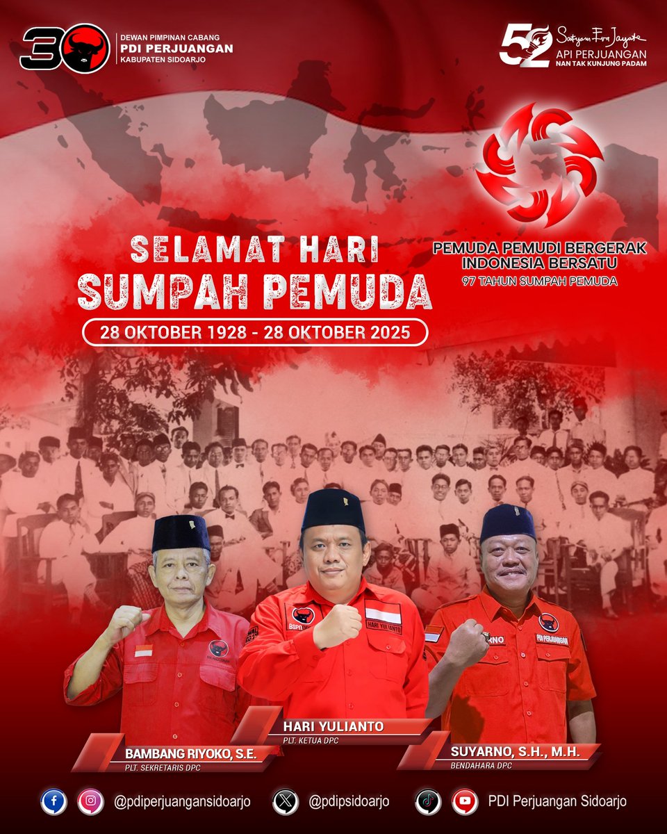 Keluarga besar PDI Perjuangan kabupaten Sidoarjo mengucapkan Selamat memperingati Hari Sumpah Pemuda, 28 Oktober 2025.

#SumpahPemuda
#PDIPerjuangan
#pdiperjuanganjatim
#pdiperjuangansidoarjo
#SatyamEvaJayate
#KebenaranPastiMenang
#SolidBergerak