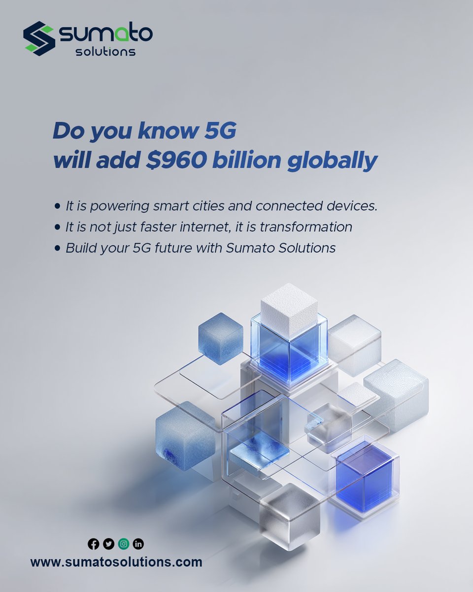 SumatoSolutions's tweet image. Do you know 5G will add $960 billion globally by 2030? It is powering smart cities, connected devices, and real-time innovation. 

Build your 5G future with Sumato Solutions.
sumatosolutions.com

#5GTechnology #FutureOfConnectivity #SumatoSolutions #SmartCities #IoT
