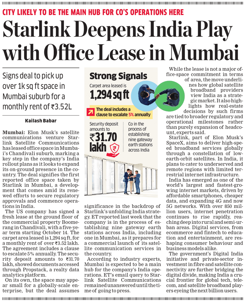 .<a href="/elonmusk/">Elon Musk</a>'s <a href="/Starlink/">Starlink</a> picks up #office in #Mumbai suburb, marking a key step in co’s #India rollout plans as it looks to expand its on-ground presence
economictimes.indiatimes.com/industry/servi… <a href="/EconomicTimes/">Economic Times</a> #realestate #Telecom #Internet #Communication