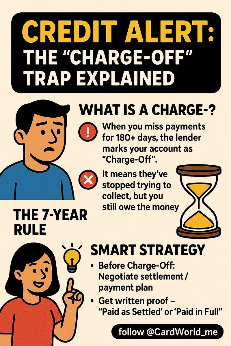 CardWorld_Me's tweet image. 💳The “Charge-Off” Trap Explained ⚠️

🔍 What Is a Charge-Off?
• When you miss 💳 payments for 180+ days, the lender marks your account as “Charge-Off” ❌
• It means they’ve stopped trying to collect, but you still owe the money 💰

⏳ The 7-Year Rule
• A Charge-Off stays on