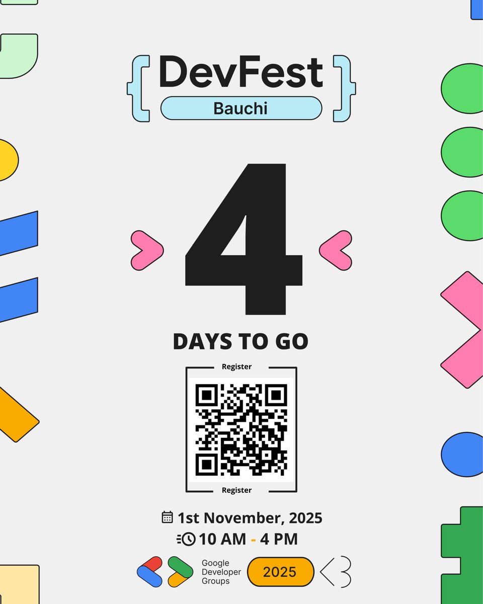 Just 4 days to go! 😱 The countdown to #DevFestBauchi 2025 is in its final stretch!

This is your last chance to get tickets. Don't wait until it's too late!

🎟️ Get your ticket NOW: evgd.me/dz0reu7j

#DevFest #Bauchi #GDG #DevFest2025 #GoogleDevelopers