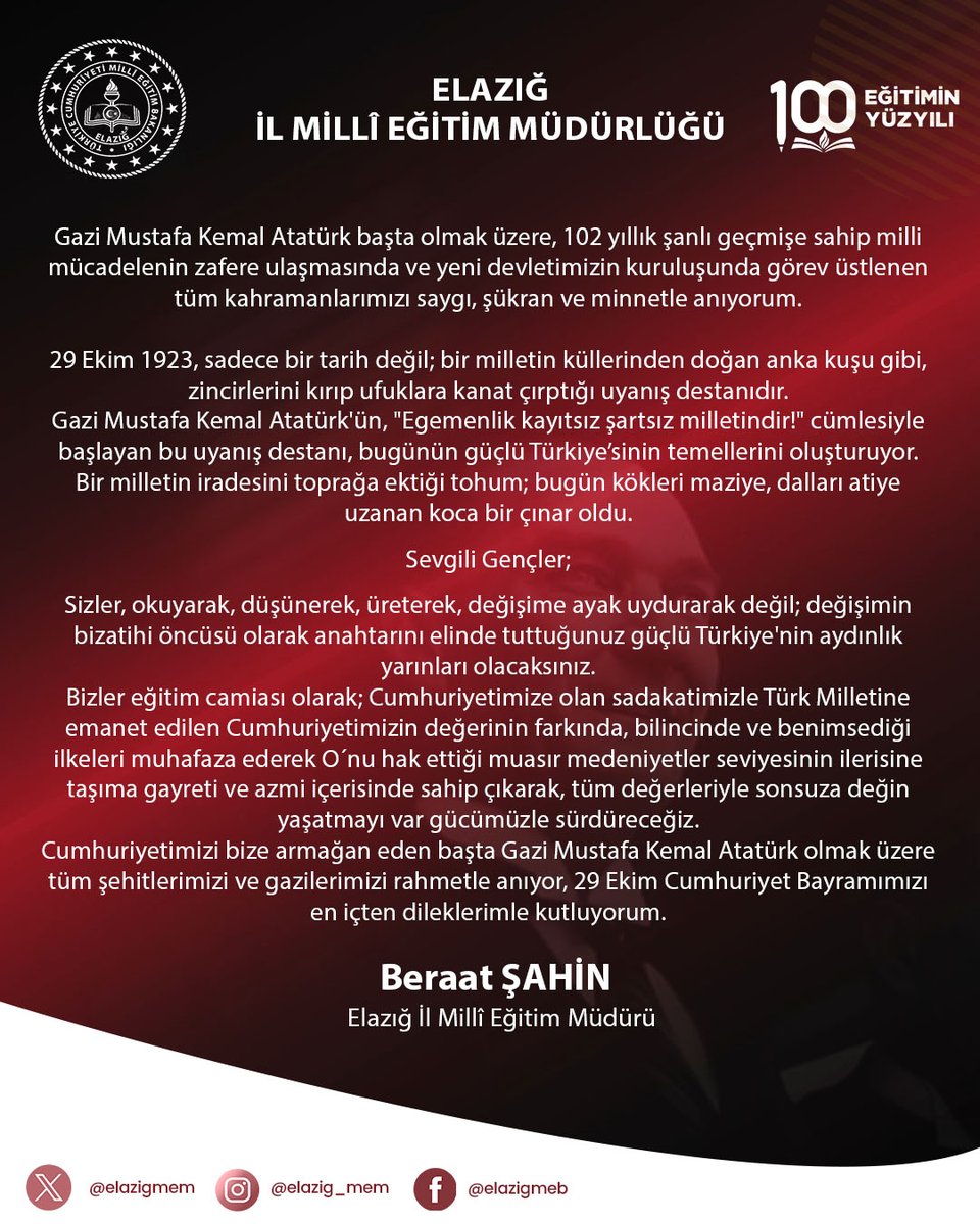 İl Milli Eğitim Müdürümüz Sayın Beraat ŞAHİN'in Cumhuriyet Bayramı Mesajı 🇹🇷 <a href="/tcmeb/">Millî Eğitim Bakanlığı</a> <a href="/Yusuf__Tekin/">Yusuf Tekin</a> <a href="/numanhatipoglu/">Numan Hatipoğlu</a> <a href="/SahinBeraat/">Beraat Şahin</a> 👇