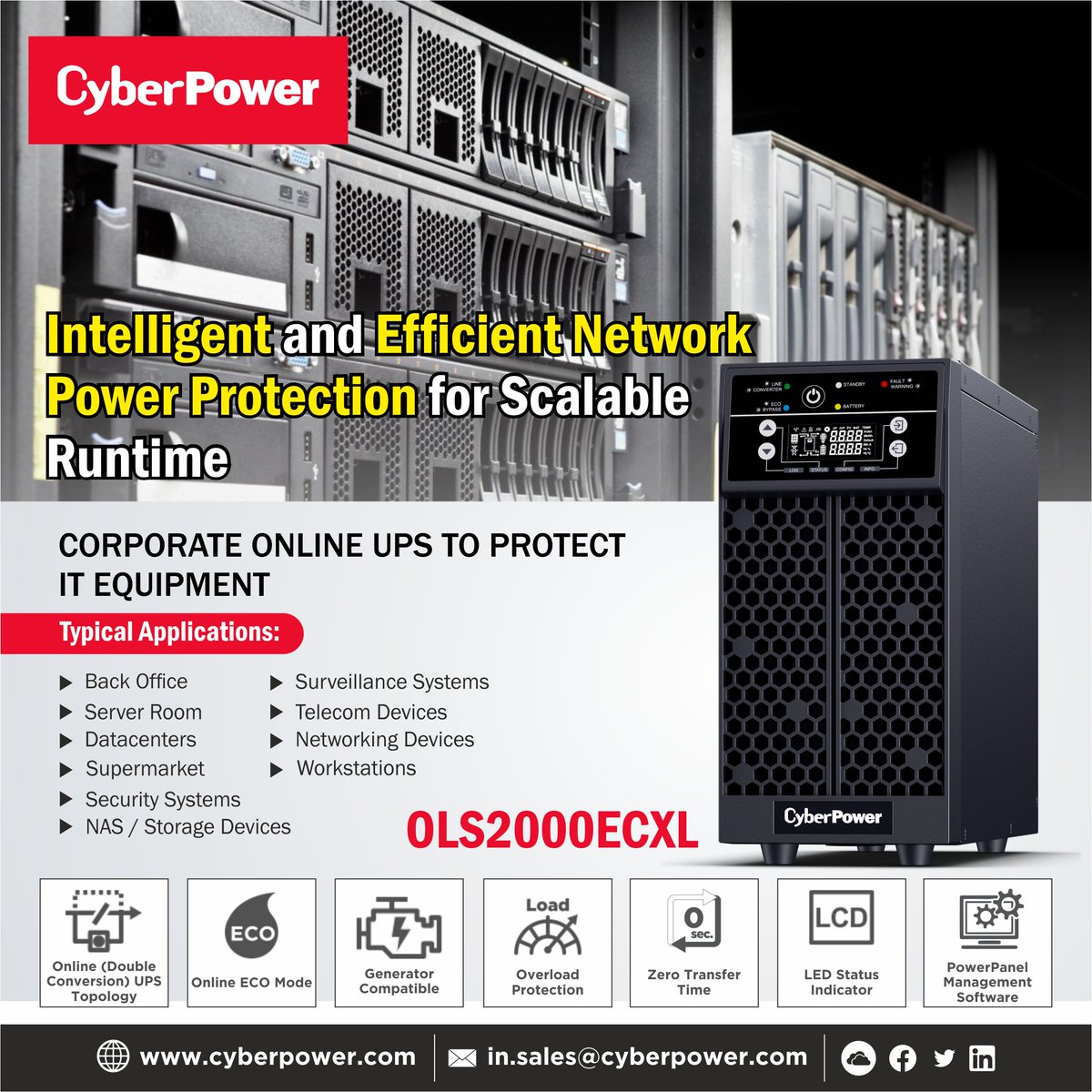 CyberPower OLS2000ECXL Online UPS uses true online double-conversion technology to provide a pure sine wave output and zero transfer time. This means your devices are always protected from power disturbances, ensuring Uninterrupted operation, No data loss, No equipment damage.
