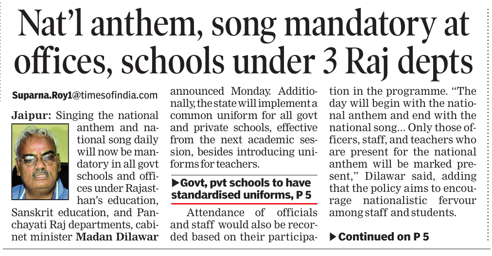 suparnaTOI's tweet photo. Singing national anthem &amp; national song daily will now be mandatory in all govt schools and offices under #Rajasthan's education, Sanskrit education &amp; Panchayati Raj depts
@timesofindia @rajeduofficial 
@TOIJaipurNews https://t.co/MpzOeE13sp