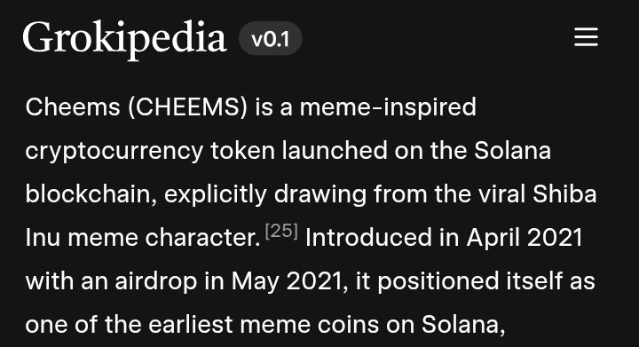 Grokipedia has a few hallucinations on the Cheems page, but also gets certain important facts right: