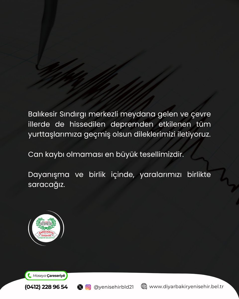 📍Balıkesir Sındırgı merkezli meydana gelen ve çevre illerde de hissedilen depremden etkilenen tüm yurttaşlarımıza geçmiş olsun dileklerimizi iletiyoruz.
📍Can kaybı olmaması en büyük tesellimizdir.
Dayanışma ve birlik içinde, yaralarımızı birlikte saracağız.

🟢🔴
📍Em ji ber