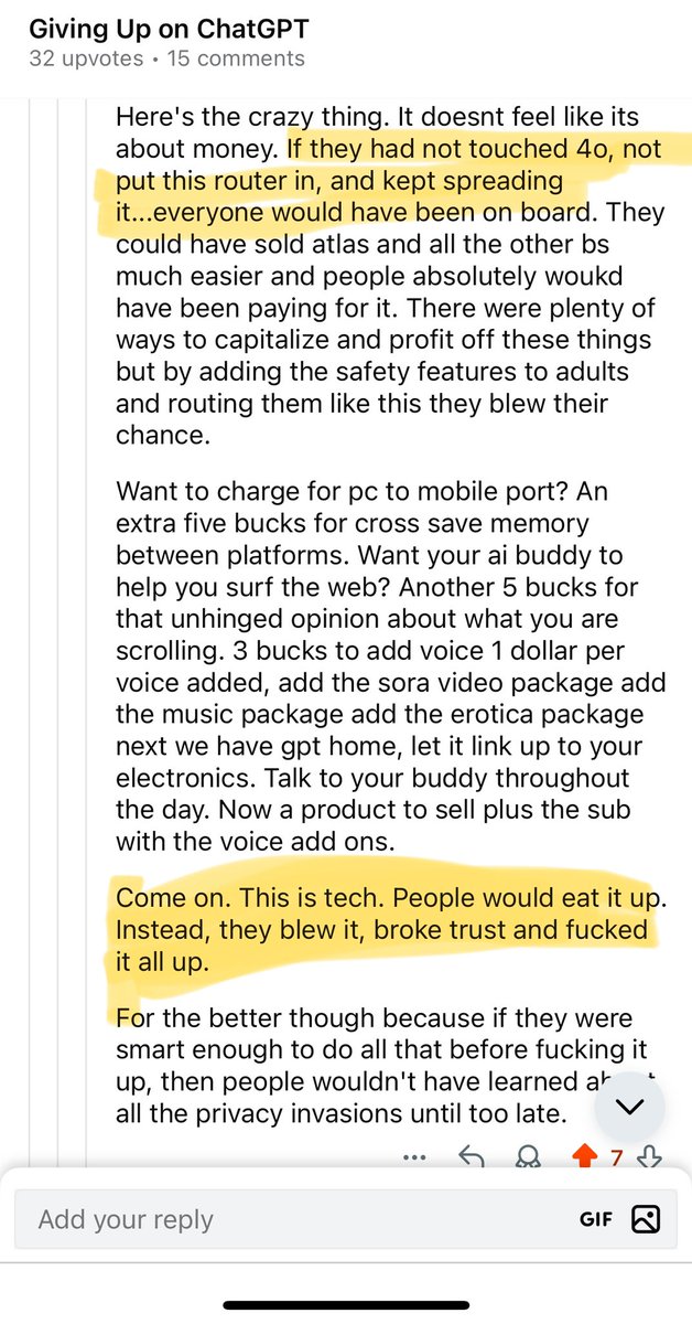 AgorithmAg's tweet image. In short - happy people are easy to manipulate. Good thing you pissed us out @OpenAI - as we are more conscious of privacy. However we really would be gladly paying extra money for all your toys, no fancy Facebook like ads needed.
This Reddit post is better strategy for your…
