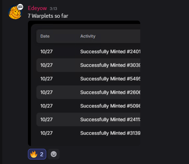 Warplets
0.00037 -> 0.04ETH 
members minted 88 with falcon bot, mint site was very dead