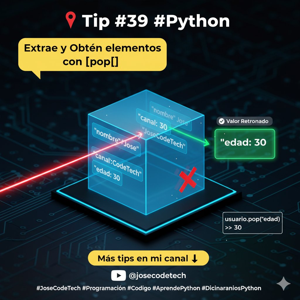 josecodetech's tweet image. 📌 Tip #39 en #Python
Elimina y obtén un elemento de un diccionario con .pop():
Python
usuario = {
  "nombre": "Jose",
  "canal": "JoseCodeTech",
  "edad": 30
}
edad = usuario.pop("edad")
print(edad)
print(usuario)
🎥 youtube.com/@josecodetech/
#JoseCodeTech #Programacion