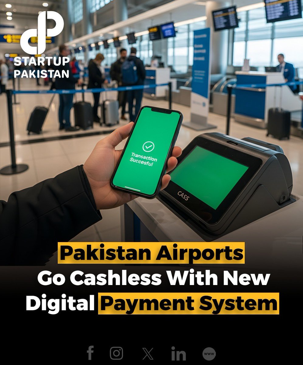 PakStartup's tweet image. The Pakistan Airports Authority (PAA) has announced that all airports across the country will transition to a fully cashless system. 

#DigitalPakistan #CashlessAirports #PAA #Fintech
