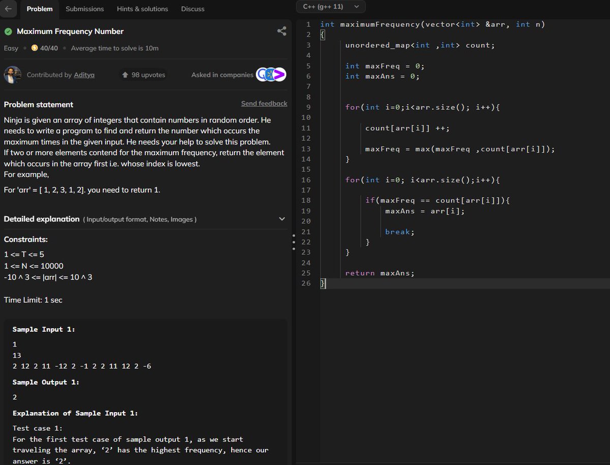 MartianDev01's tweet image. Day:  51/100
               
>Hashmaps:  Maximum Frequency Number
#100DaysOfCode #DSA #CodingChallenge 
#letsconnect #LearnInPublic #ProblemSolving #100daysofcoding #CodingJourney #LeetCode #CONNECT