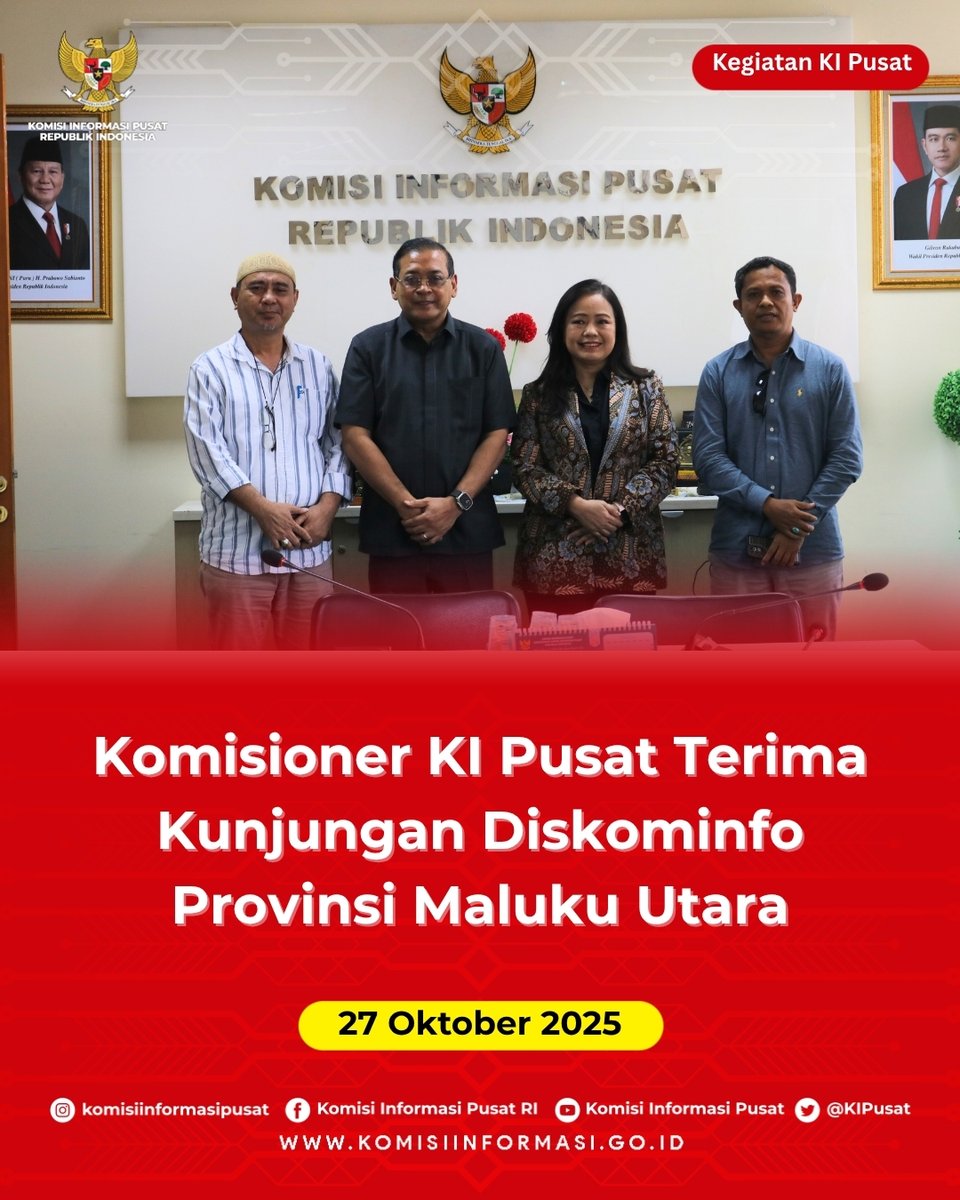 KIPusat's tweet image. Komisioner KI Pusat Terima Kunjungan Diskominfo Provinsi Maluku Utara

Kunjungan ini dalam rangka Koordinasi dan konsultasi terkait seleksi calon angggota KI Provinsi Maluku Utara. 

#KunjunganKerja
#Konsultasi
#KIPusat
#HakAndaUntukTahu