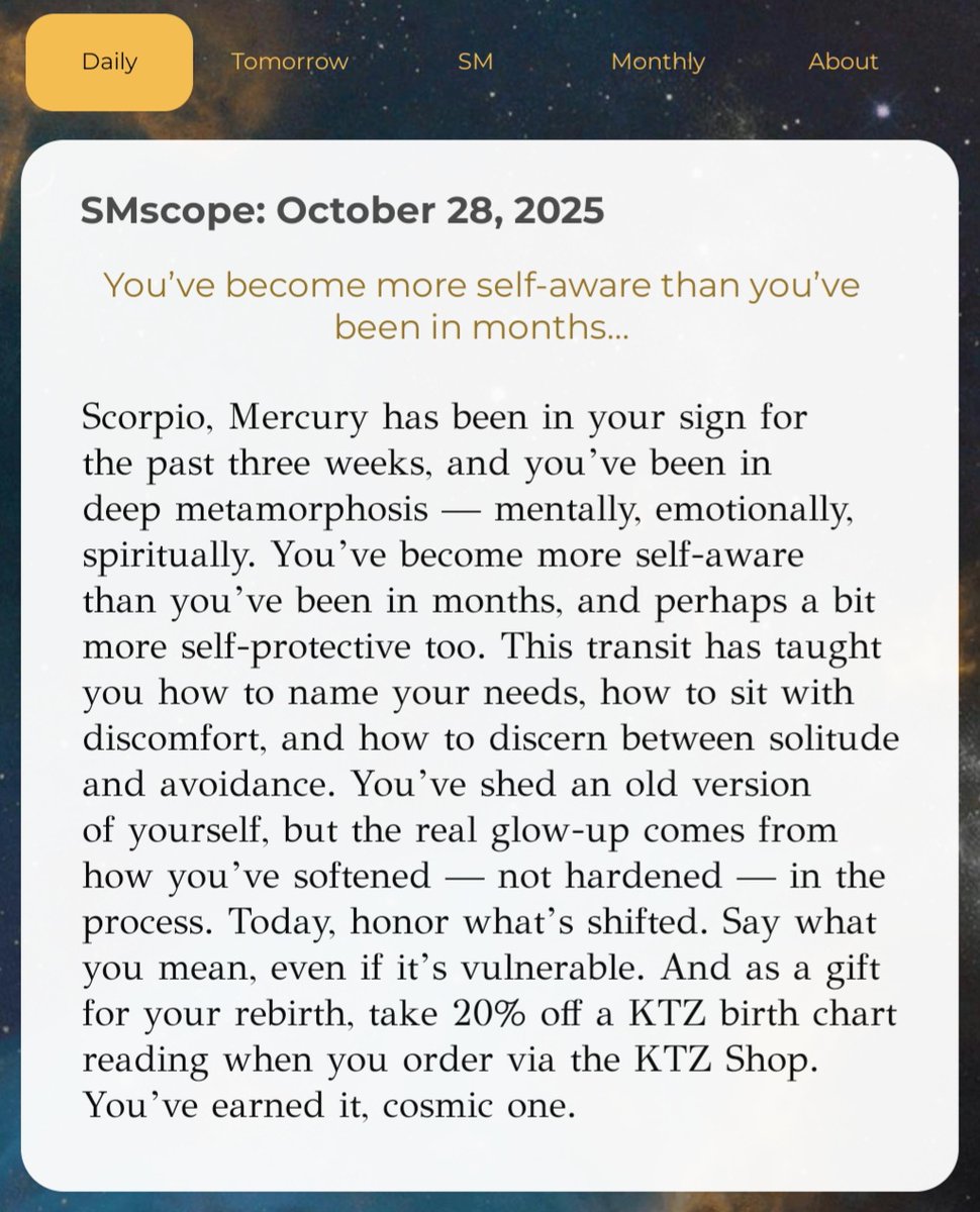 #SMscope October 28 by @dossevia ♏️♥️✨ Loving our scopes? Get each day’s without interruption at knowthezodiac.com/ktz-app