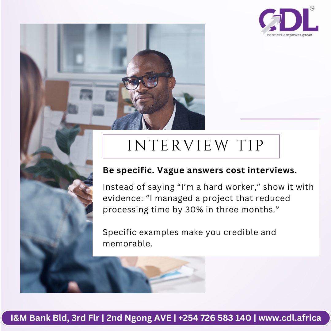 CDLAfrica's tweet image. INTERVIEW TIP OF THE DAY
Anyone can claim to be “hardworking” or “a team player”, but hiring managers want proof. The secret to standing out? Use specific examples that show your impact. Results speak louder than buzzwords.
#InterviewTip #JobTips #CareerAdvice #InterviewTips