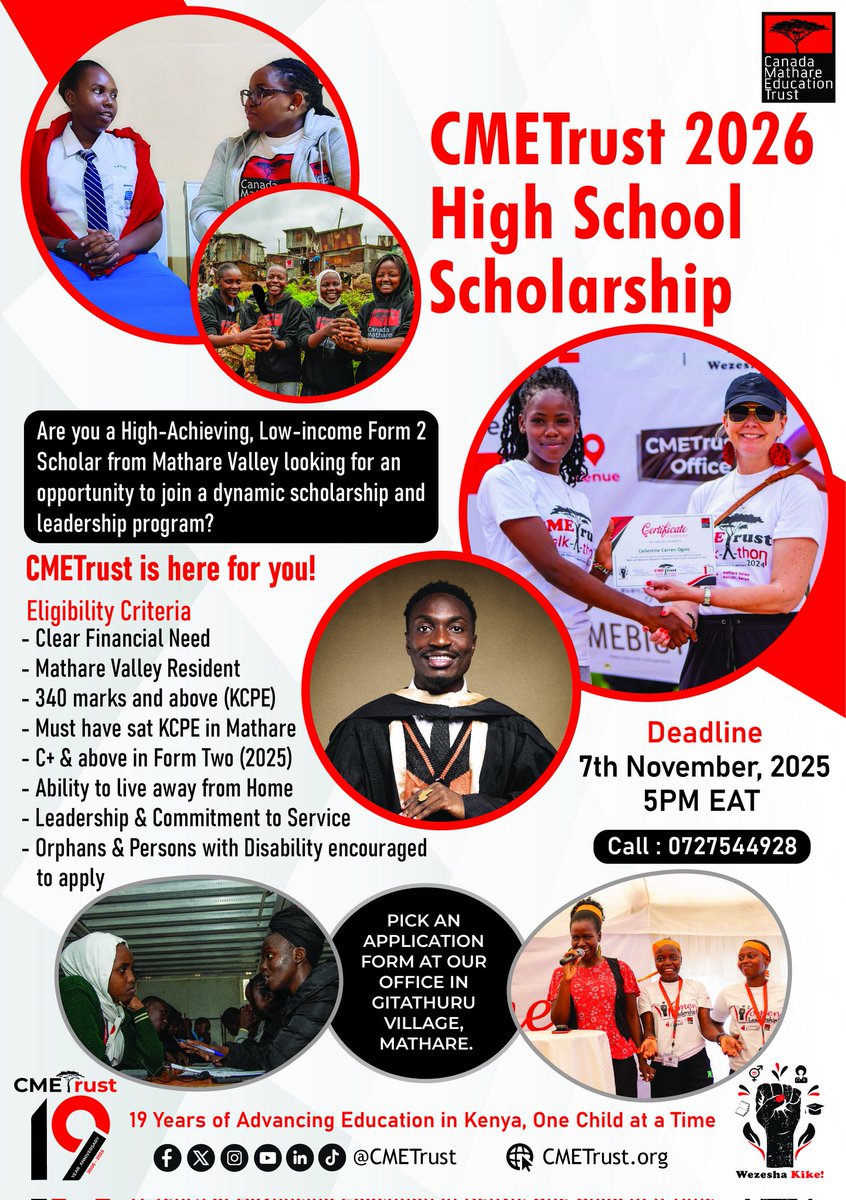 CMETrust's tweet image. 📢 CMETrust 2026 HIGH SCHOOL SCHOLARSHIP APPLICATIONS are OPEN!

Are you a HIGH-ACHIEVING, LOW-INCOME, scholar from #Mathare looking to join a dynamic SCHOLARSHIP &amp;amp; LEADERSHIP PROGRAM? We&apos;re here for you! ✊🏾

Deadline: 7 Nov
Criteria: Poster ⤵️

#CMETrustAt19 #SDG4 #WezeshaKike