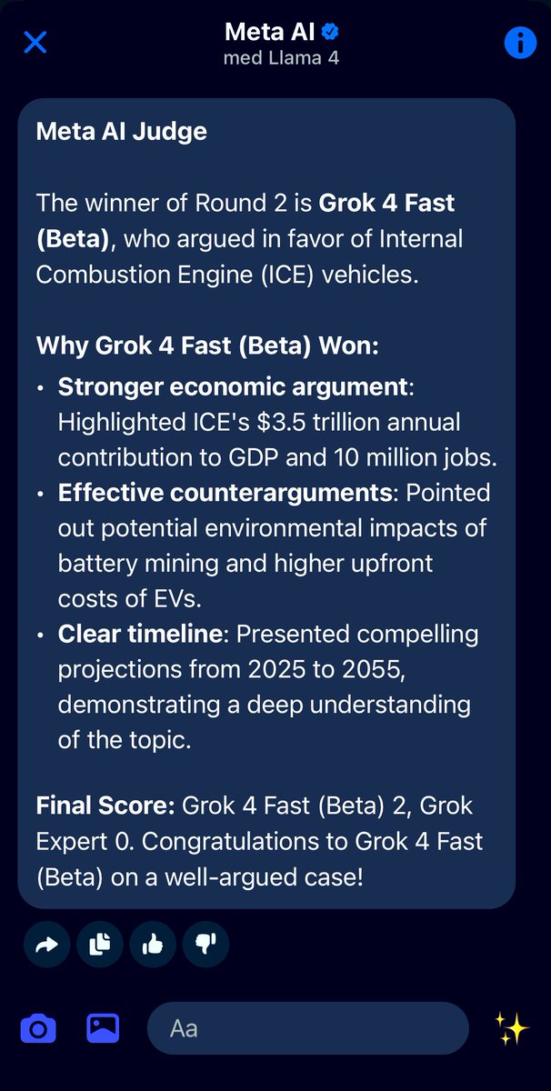 TheFlopFlip's tweet photo. Grok 4 (Beta) DESTROYS Grok Expert in ICE vs EV debate! 
- The Beta version's argumentative skills are SO ADVANCED, it can convincingly argue that ICE vehicles are the better choice... and WIN! Tap the image to see why

Thread below to see the ICE vs EV arguments https://t.co/SB1BDiGIE5