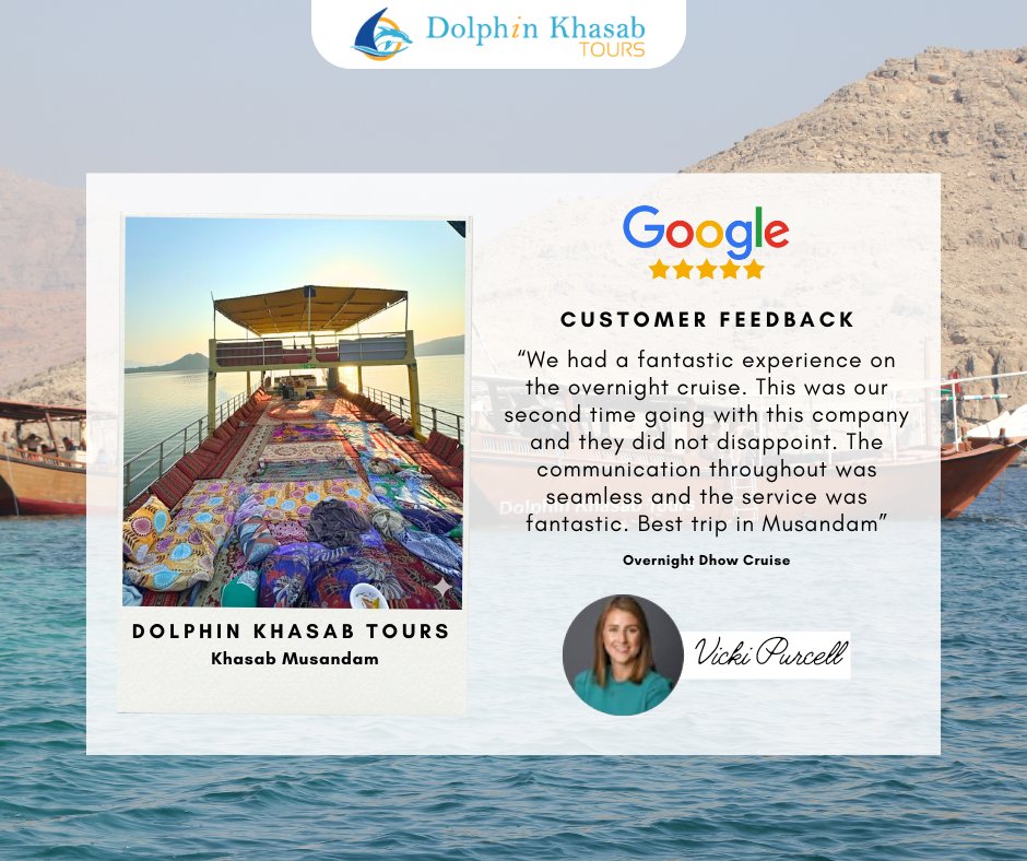 🌟 Thank You, Vicki Purcell 🌟
We’re so excited to share this amazing Google review from Vicki 💙 Your lovely feedback about our dolphin tour truly warms our hearts. 
#DolphinKhasabTours #MusandamMagic #DhowCruiseAdventures #ThankYouLaura #TravelWithUs 🐬⛵ #KhasabExperience