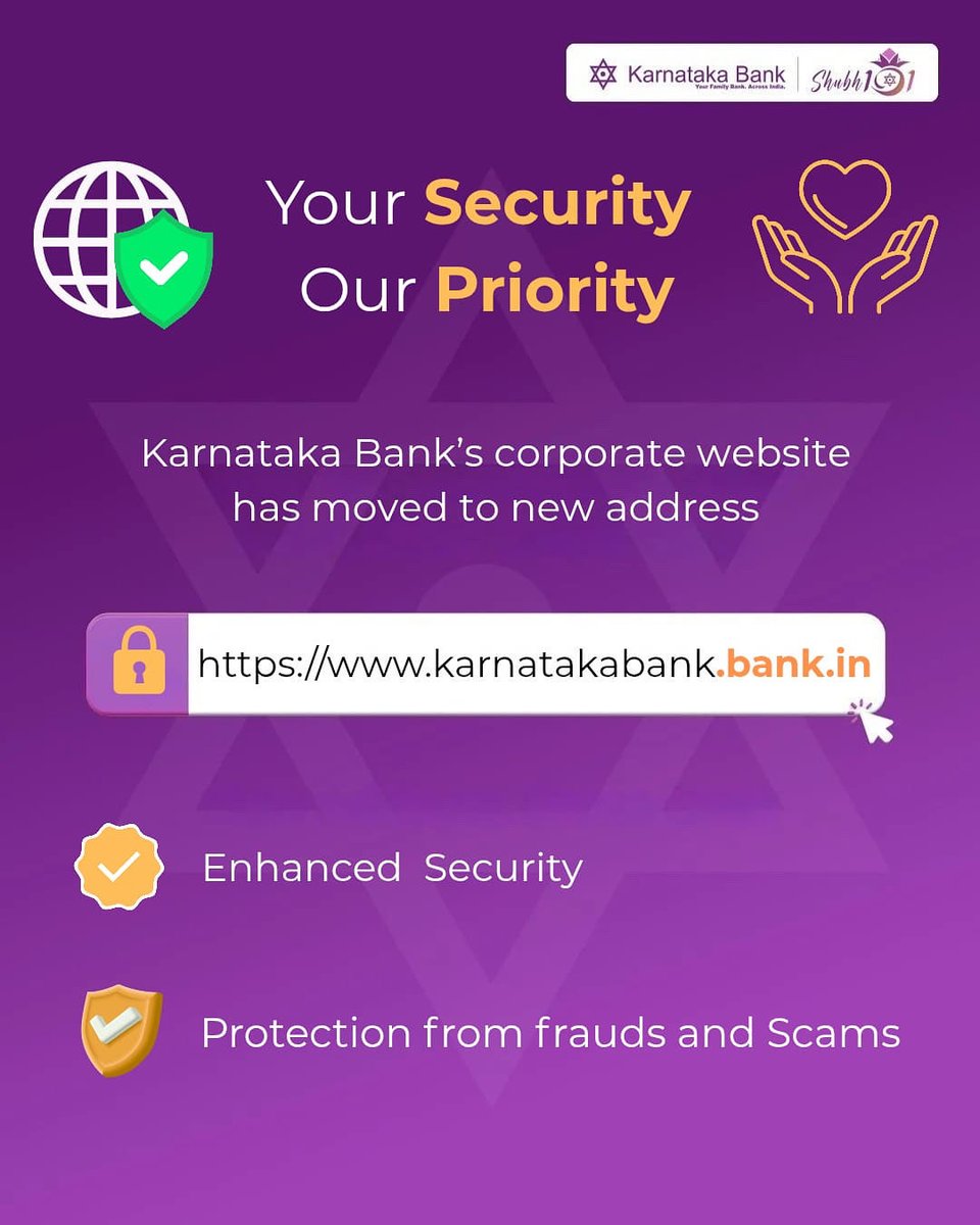 KarnatakaBank's tweet image. Our Corporate Website address is now changed to karnatakabank.bank.in 

Avoid visiting look-alike or unofficial sites.
Your safety is our priority.

#KarnatakaBank #Banking #EasyBanking #OnlineBanking

[Karnataka Bank, Banking, Easy Banking, Online Banking]