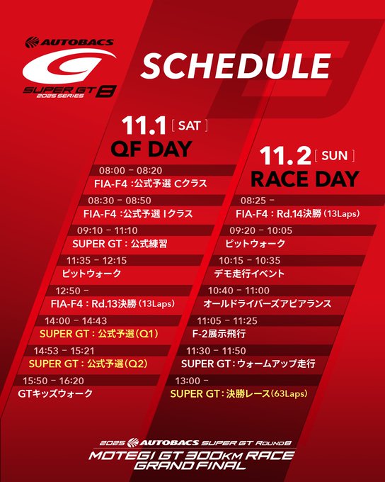 Red vertical poster with white and yellow text detailing the SUPER GT Round 8 schedule at Motegi for November 1 Saturday and November 2 Sunday. It lists times for Day Qualifying from 08:00 to 09:00 on Saturday and 08:25 to 09:25 on Sunday. Qualifying sessions for GT500 and GT300 are shown from 09:30 to 10:30 and 10:30 to 11:30 on Saturday, and 09:45 to 10:45 and 10:45 to 11:45 on Sunday. Warm-up times are 11:35 to 12:15 on Saturday and 10:15 to 10:55 on Sunday. Race start times are 12:25 to 12:45 on Saturday for 30 laps and 15:50 to 16:30 on Sunday for 63 laps. Branding includes Autobacs logo at top and SUPER GT at bottom with Motegi GT300km Race title.