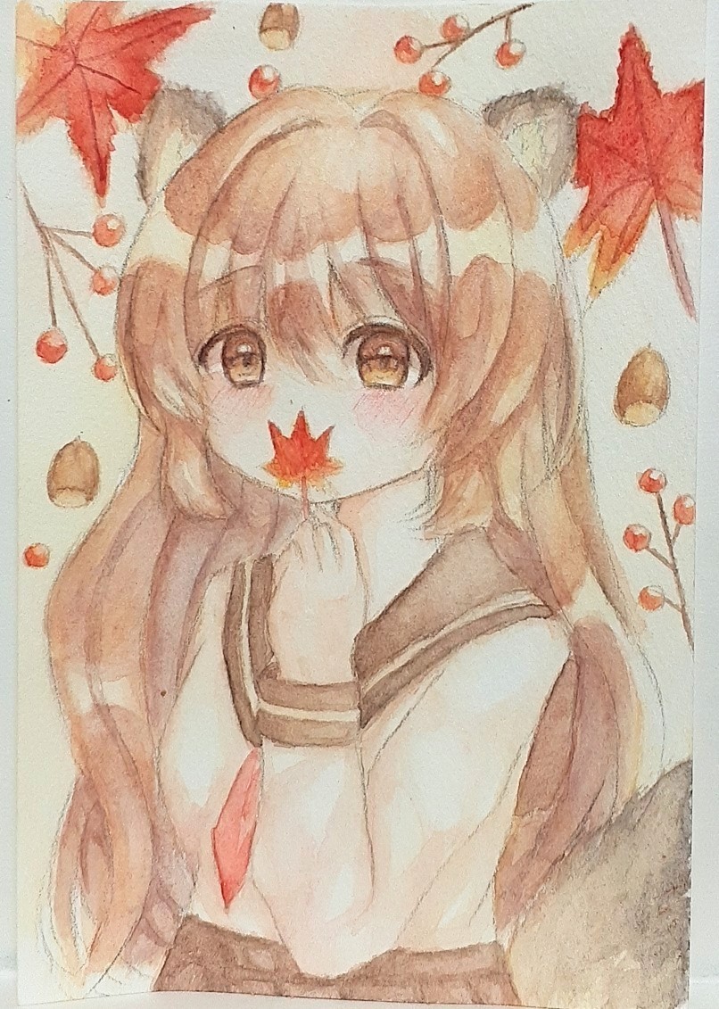 gogosan55's tweet photo. 紅葉×たぬき耳ちゃんです
下書きをシャーペンではなく、色鉛筆ですると汚れにくいということが分かりました🐱 失敗したら消しにくいのが難点ですが…
こちらのイラストヤフオクで出品中です よろしくお願いいたしますm(_ _)m
#イラスト #Illust #illustration #創作
 https://t.co/9drLLO99w0 https://t.co/QdmtVpeHA2