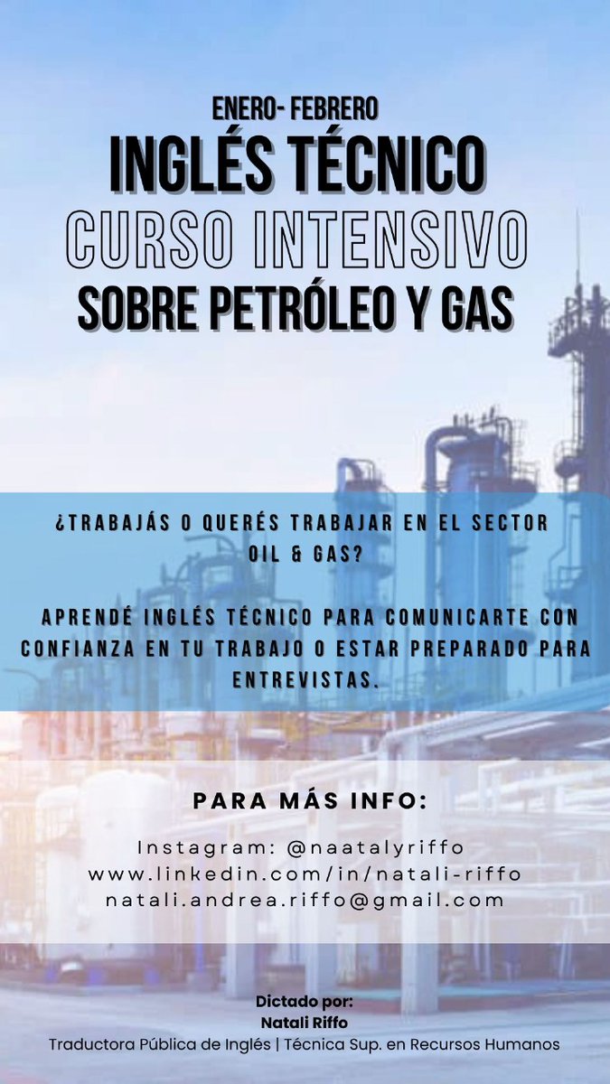 ¡Domina el idioma de la industria global de Oil &amp; Gas! 🌐

Si trabajás o buscás ingresar al sector de Petróleo y Gas, el Inglés Técnico no es una opción, es una necesidad.

¡Inscripciones Abiertas! Dejá de lado las barreras del idioma y potenciá tu perfil profesional.
