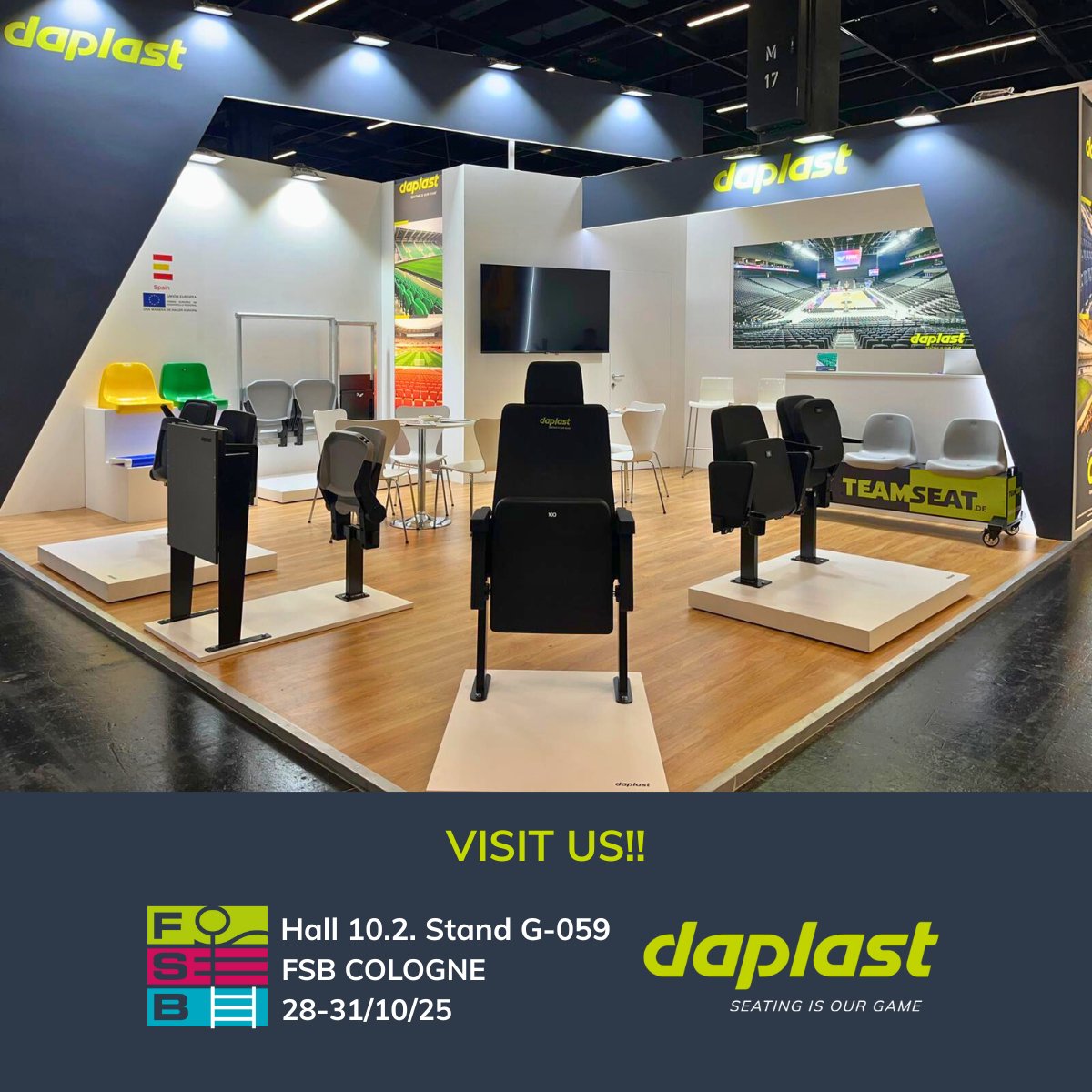 Daplast's tweet photo. ¡Ya estamos en #FSB, #Cologne!
Desde las 10:00 h estamos presentes en nuestro stand en FSB-Cologne, la feria internacional de referencia para instalaciones deportivas y espacios urbanos.
📍 Pabellón 10.2, stand G-059
📅 Del 28 al 31 de octubre.
¡Te esperamos!
#Daplast #VIPMatch https://t.co/t2RBEmunfV
