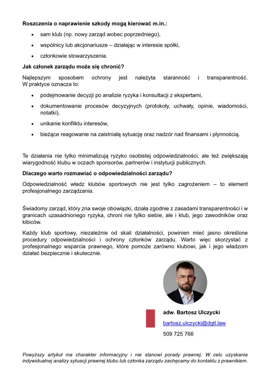 BartUlcz's tweet photo. ❓⚽️ Czy wiesz, że członkowie zarządów klubów sportowych mogą ponosić osobistą odpowiedzialność za błędne decyzje – nawet po zakończeniu kadencji? 

⚖️ W artykule opisuję, jak zarządzać ryzykiem, unikać roszczeń i chronić siebie oraz klub przed konsekwencjami prawnymi. https://t.co/ML6P8nmWJR