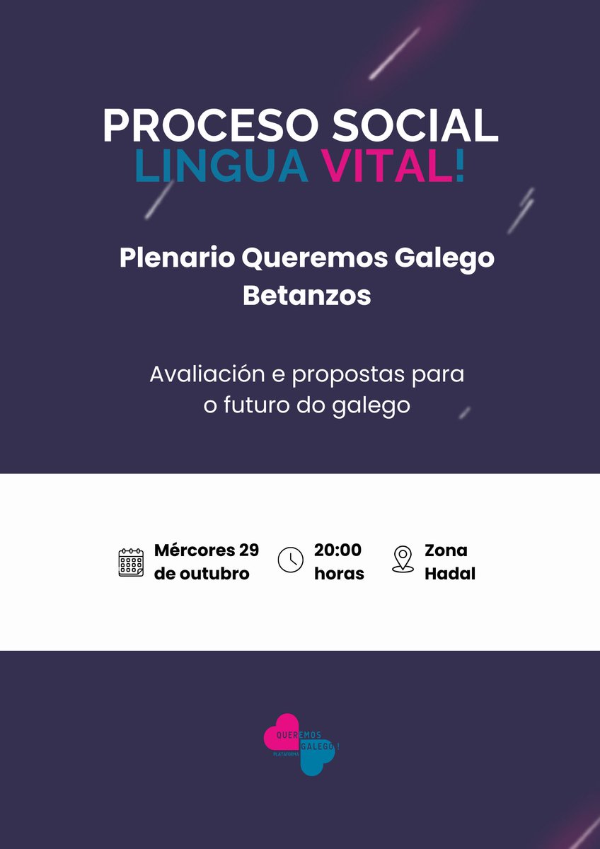 Cris_LopezS's tweet image. Vémonos mañá no Plenario comarcal de Queremos Galego! ás 20 h. no local de Zona Hadal na rúa Travesa, 37 en Betanzos! ⬆️
#QueremosGalego #Galego