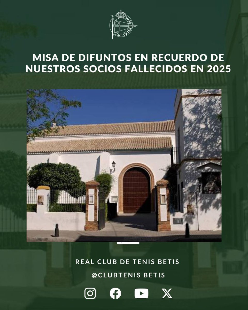 ✝️ 𝐌𝐢𝐬𝐚 𝐝𝐞 𝐝𝐢𝐟𝐮𝐧𝐭𝐨𝐬 𝐩𝐨𝐫 𝐥𝐨𝐬 𝐬𝐨𝐜𝐢𝐨𝐬 𝐟𝐚𝐥𝐥𝐞𝐜𝐢𝐝𝐨𝐬 𝐝𝐞𝐥 𝐑𝐞𝐚𝐥 𝐂𝐥𝐮𝐛 𝐓𝐞𝐧𝐢𝐬 𝐁𝐞𝐭𝐢𝐬 

📅 3 de noviembre 

⏰️ 20.30 horas

⛪️ Parroquia de San Sebastián