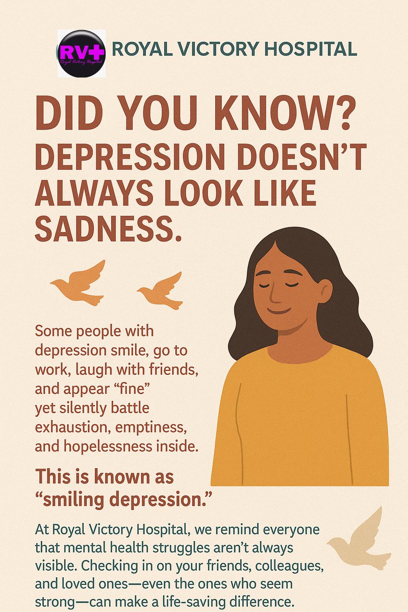 HospitalVictory's tweet photo. 💛 Not all pain is visible. Some people wear smiles while silently battling deep sadness inside — a reality called “smiling depression.”
#RoyalVictoryHospital #MentalHealthAwareness #SmilingDepression #YouAreNotAlone #primaryhealthcare #suluhu https://t.co/R7XTUDZILO