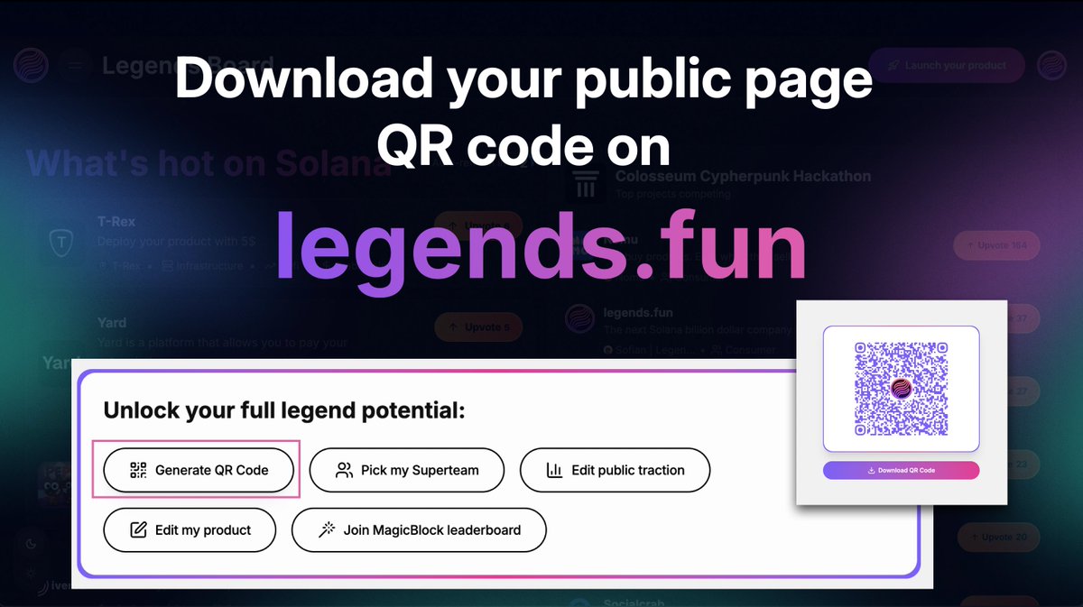 legends,

as your working on fine tuning your <a href="/colosseum/">Colosseum</a> submission, you can now download your public product page QR in one click from the top action bar

Tip: insert it on your traction slide so judges can continue to access your up-to-date traction even after submission date!
