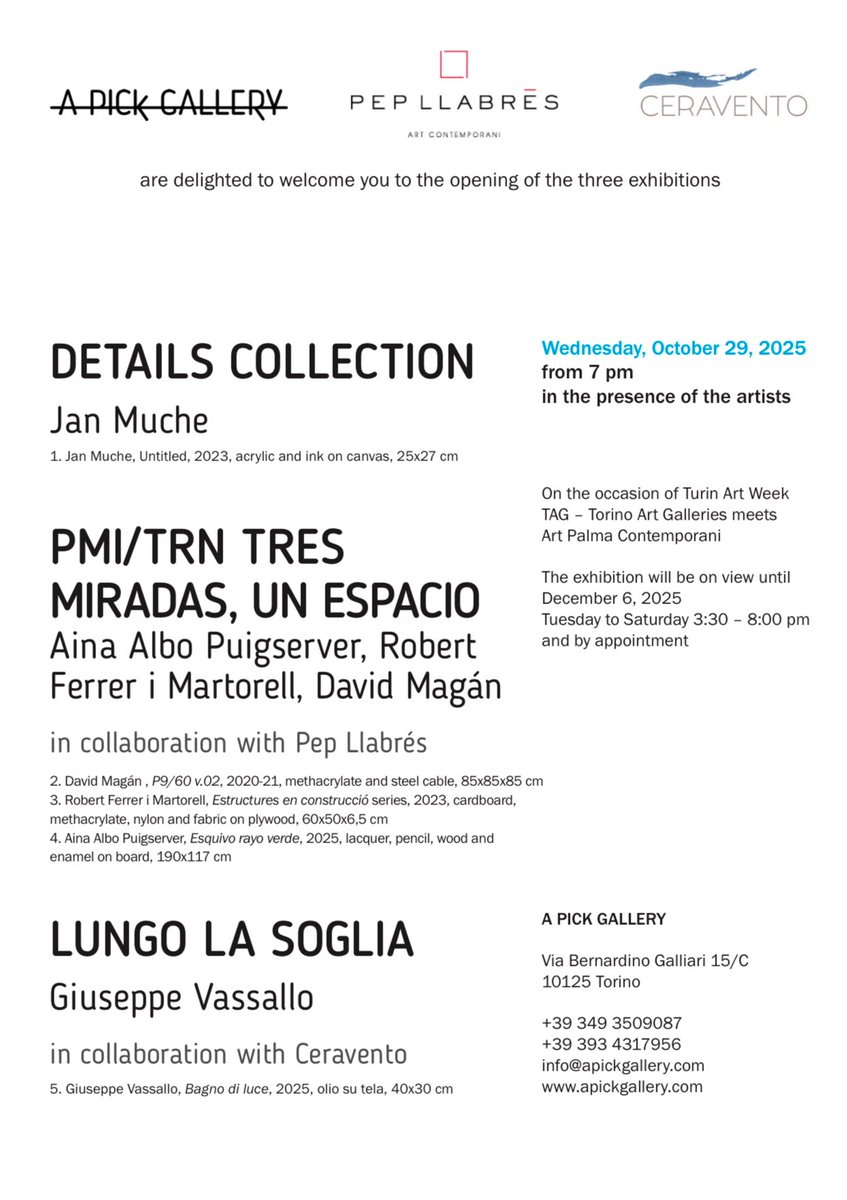 a_pick_gallery's tweet photo. Tre nuove mostre dal 29 ottobre!
In collaborazione con le gallerie Ceravento e Pep Llabrés https://t.co/K70N4tnAGi