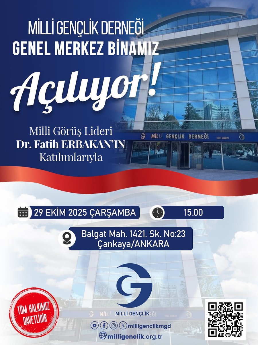 Milli Görüş Lideri Dr. Fatih Erbakan’ın katılımlarıyla,
29 Ekim Çarşamba günü saat 15.00’te gerçekleşecek bu tarihi açılışa tüm halkımız davetlidir.

📍 Milli Gençlik Derneği Genel Merkezi
🗓️ 29 Ekim Çarşamba | ⏰ 15.00

#MilliGençlikDerneği #FatihErbakan #MilliGörüş