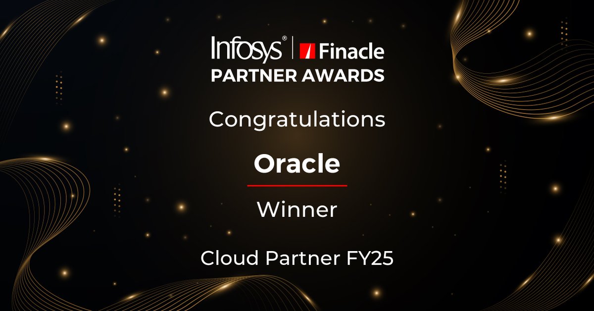 Finacle's tweet image. We are delighted to announce that @Oracle is recognized as the 𝗖𝗹𝗼𝘂𝗱 𝗣𝗮𝗿𝘁𝗻𝗲𝗿 𝗳𝗼𝗿 𝗙𝗬𝟮𝟱!
Congratulations to the Oracle team on this remarkable achievement!
 
Together, we are #ShapingBankingsNext!