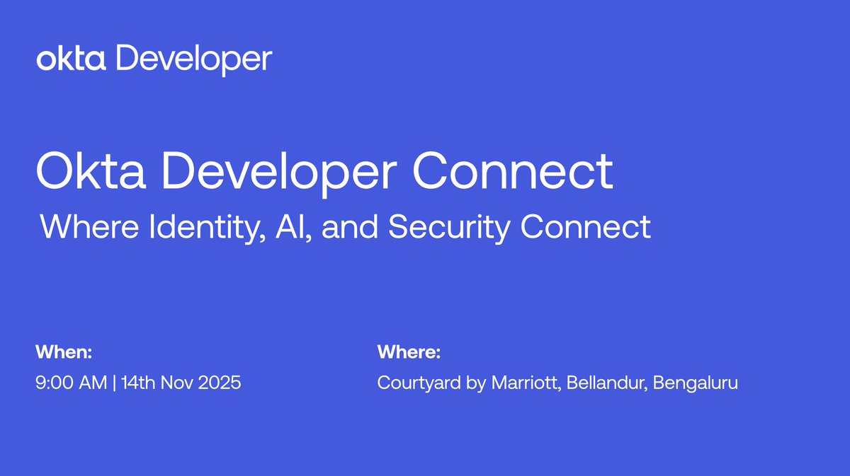 oktadev's tweet image. Okta Developer Connect is here!✨

Join India’s vibrant developer community for a day of learning, connection, &amp;amp; innovation in Bengaluru.💙

🕘9 AM 🗓Nov 14📍Courtyard by Marriott
🔗regionalevents.okta.com/oktadeveloperc…

AI. Identity. Security. All in one place.

#OktaDevConnect #OktaDev #Okta