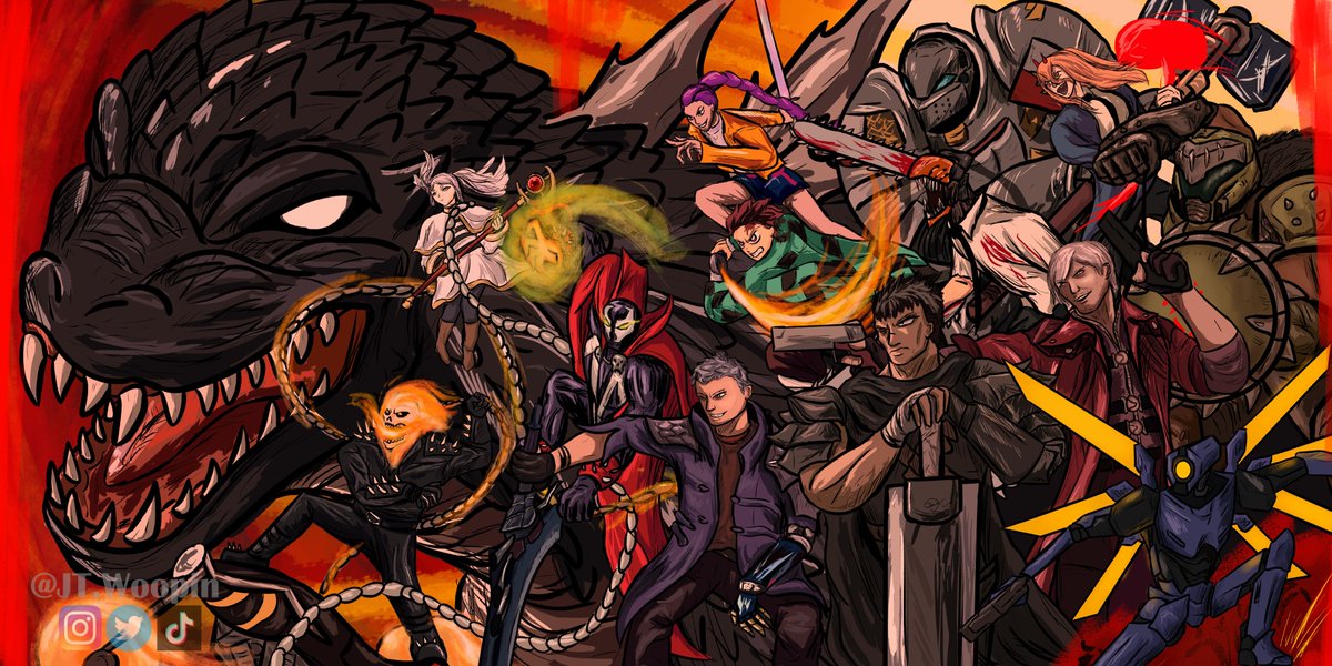 Demon Killers

More Multifandom art
Free will is fun + early for halloween
Alrighty so we have:
#godzilla #ghostrider #devilmaycry #spawn #FrierenBeyondJourneysEnd #KPOPDEMONHUNTERS #DemonSlayer #Berserk #ULTRAKILL #DOOM #chainsawman