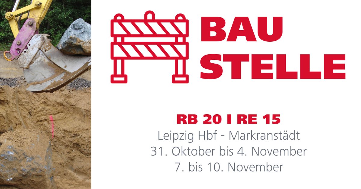 Wegen #Bauarbeiten fahren vom 31.10. bis 4.11. keine Züge zwischen #Leipzig Hbf und #Markranstädt. Die #RE 15 wird umgeleitet und fährt ohne Zwischenhalt zwischen Leiptig hbf und #Weißenfels. Für die #RB20 fährt #SEV. Ebenfalls SEV vom 7. - 10.11. nachts.