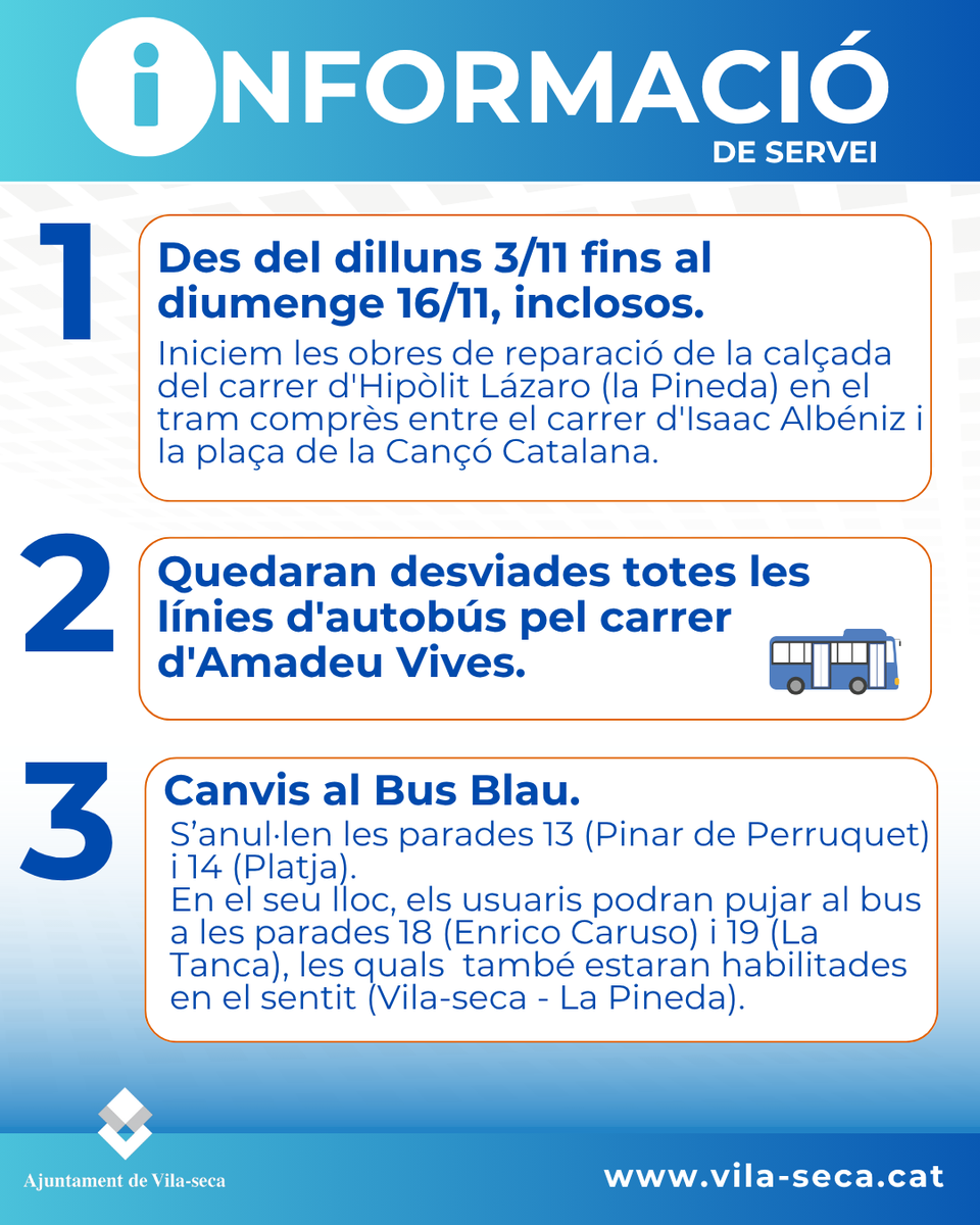 🚧 Atenció!
A partir de dilluns 3 de novembre, comencen les obres de reparació de la calçada al carrer d'Hipòlit Lázaro, entre el c. d'Isaac Albéniz i la pl. de la Cançó Catalana #Lapineda
🛣️ El carrer es reobrirà el 17 de novembre. Consulteu les afectacions al transport públic
