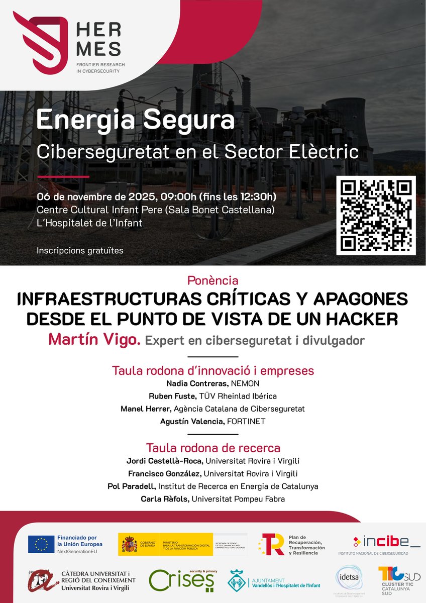 Recordeu la proxima jornada!
Experts en recerca, innovació i empreses debatran sobre els reptes de la ciberseguretat en infraestructures crítiques. Amb la participació destacada de <a href="/martin_vigo/">Martin Vigo</a> , expert en ciberseguretat, 
Inscriu-te i comparteix!
 👉 proyectocyberhermes.org/energia-segura/
