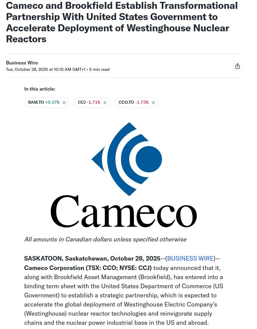 Yellowbull11's tweet image. MASSIVE NEWS

Cameco and Brookfield have entered into a binding term sheet with the US DoC to estabslish a strategic partnerships to arrange financing and facilitate the permitting and approvals for new Westinghouse reactor buildouts in the US with an AIV of at least $80 billion!