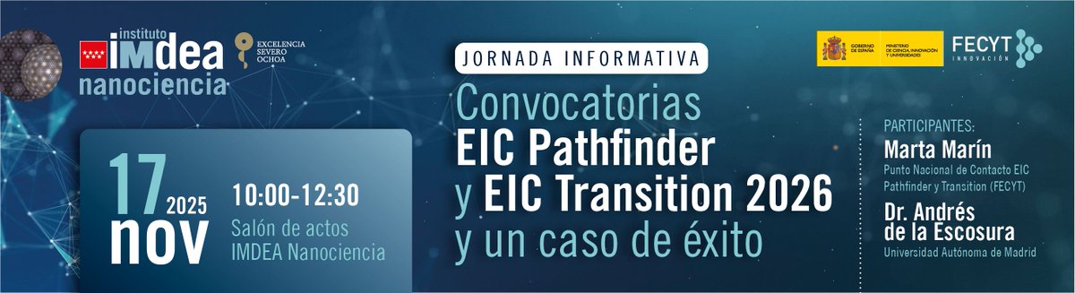 IMDEA Nanociencia organiza una jornada informativa sobre las convocatorias EIC Pathfinder y Transition. También contaremos con un caso de éxito que nos compartirá su experiencia en estas convocatorias.

📆17 nov. 10:00 
Aforo limitado, regístrate en 👉 
horizonteeuropa.es/jornada-eic-pa…