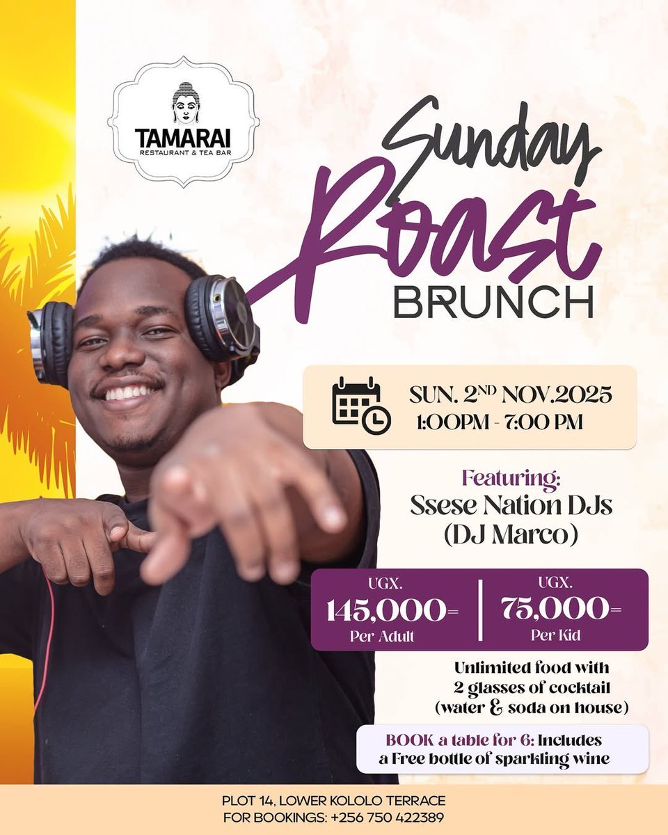 Ignite your Sunday! Dive into <a href="/tamaraithaiug/">Tamaraithaiug</a>’s legendary Sunday Roast Brunch this weekend—packed with explosive flavors and electric vibes. Groove to <a href="/lmbabazi/">Lilian Mbabazi</a>’s soul-stirring beats while <a href="/Dj_marco25/">_MARCO_</a> from <a href="/SseseNation/">Ssese Nation</a> keeps the energy blazing!