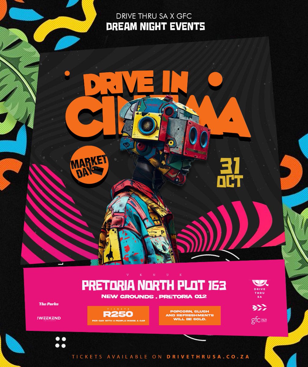 Drive in cinema Pretoria 🍿 
📍 Location Pretoria North Plot 163, New grounds. waze.com/ul/hke7vyp6zf

📆 31st October 2025. 

🎟️ Tickets available on website, link in bio 

<a href="/GautengFilmCom/">Gauteng Film</a> <a href="/DrivethruSa/">Drive-Thru cinema</a>