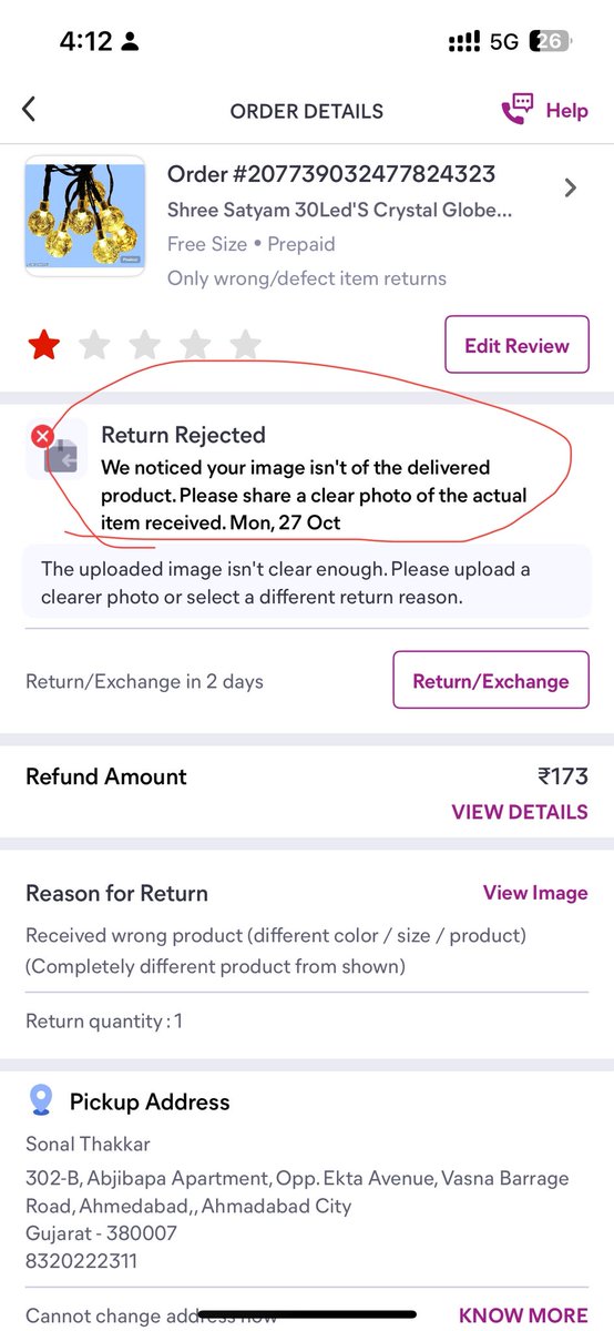 ThakkarSonal's tweet photo. @meesho_support I received new update from your side that pictures were not clear and dats why return rejected. Bt your greatest platform isn't allowing me to upload new pictures. There us only one option and that is "Cancel Return " so I am uploading pic here. https://t.co/dvD8zAXZAK