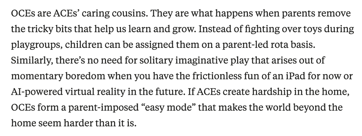 Here's a term we really need: "Overprotective Childhood Experiences", or OCEs -- a counterpart to Adverse Childhood Experiences (ACEs). Raising kids on "Easy Mode" stunts their learning and development. From Niklas Serning:

unherd.com/2025/10/easy-m…
<a href="/LetGrowOrg/">Let Grow</a>