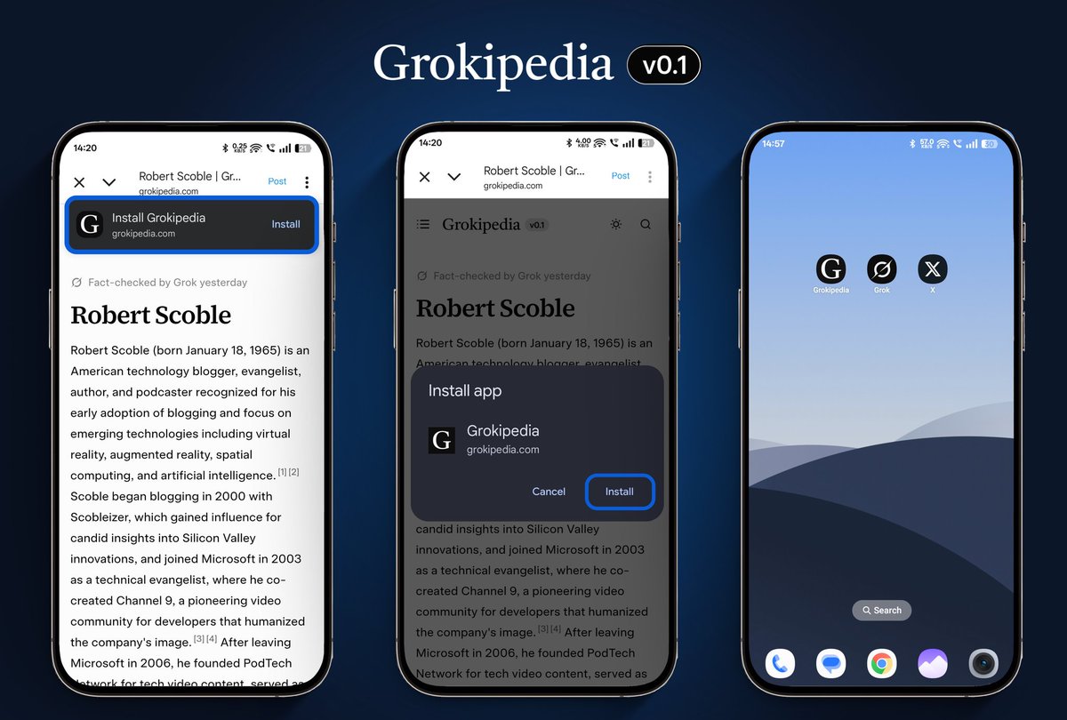 On Android, you can install Grokipedia as an app

➝  Just visit Grokipedia.com in your browser (chrome)
➝  When you see the pop-up suggestion, tap “Install”
➝  That’s it, Grokipedia is now on your home screen