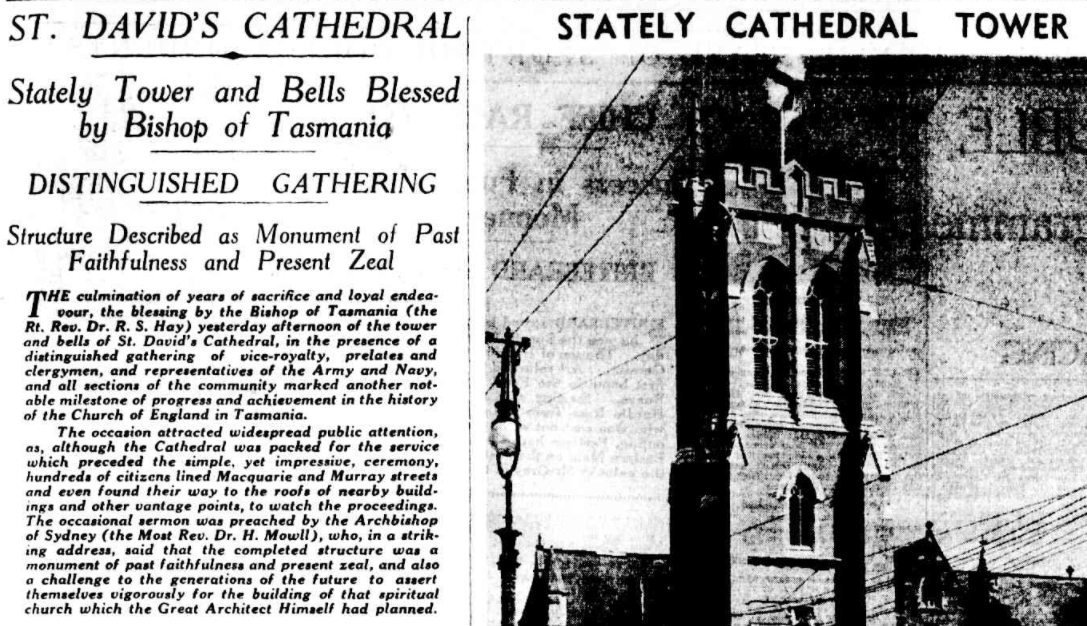 AustAnglican's tweet image. 28 October 1936: special service of thanksgiving at St David's Cathedral, Hobart, for the completion of the tower. Surprisingly, the sermon by the Primate, Archbishop Mowll, was *not* based on Luke 14:28-29, surely a missed opportunity. #anglican #89years